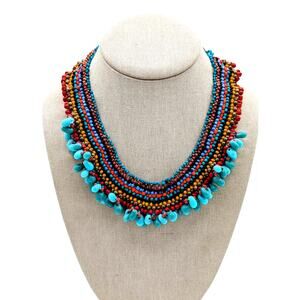 Multi-Color Woven Beaded Necklace W/ Turquoise Teardrop Dangle Bib Necklace